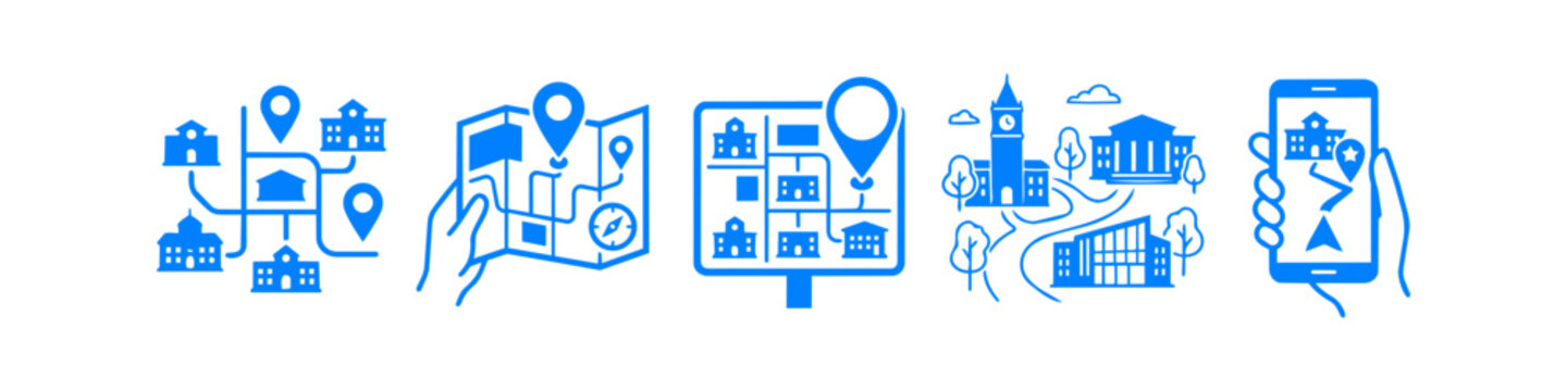 Set of blue flat icons and illustrations representing university campus navigation, wayfinding maps, building locations, and mobile orientation apps for students and visitors.