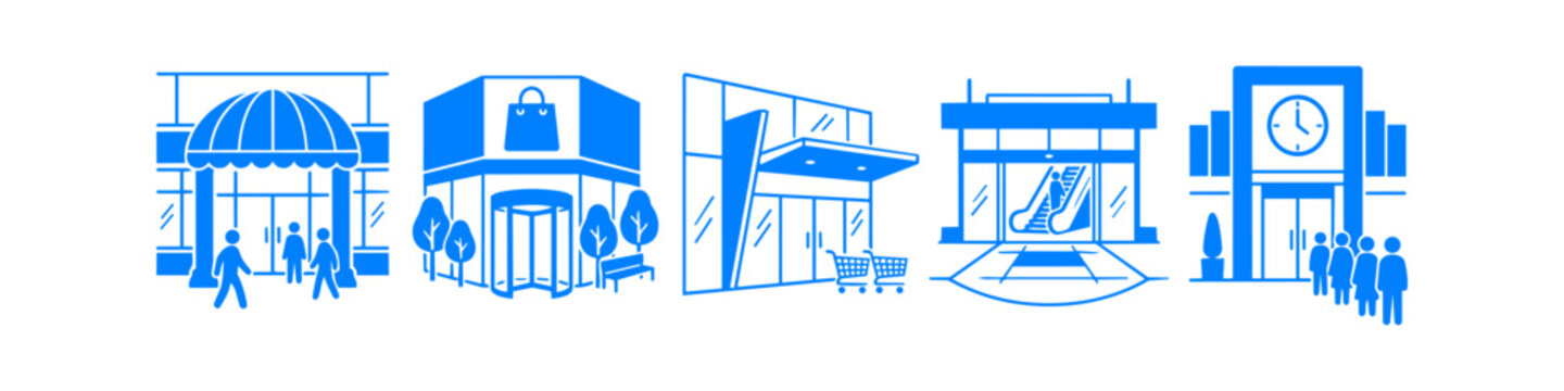 Vector set of blue flat icons showing various shopping mall entrances, retail storefronts with awnings, revolving doors, escalators, and customers, symbolizing modern commerce and urban retail.