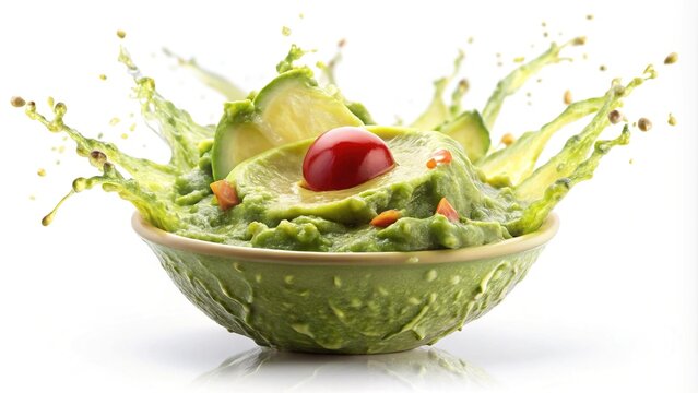 Fresh guacamole dip in a bowl with avocado slices and tomato splash on white background