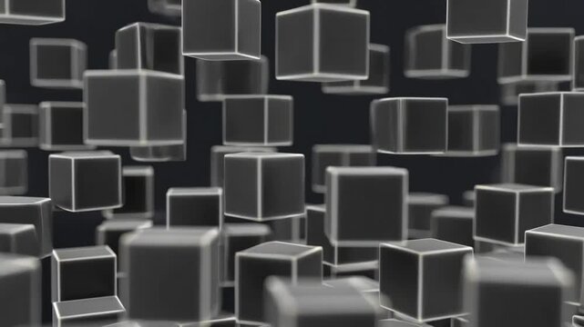 Multiple floating cubes in a glossy minimal style on a dark background, representing technology and modern abstraction