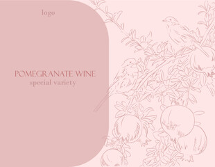 Obraz premium Pomegranate Branch with Bird Vintage Botanical Vector Label