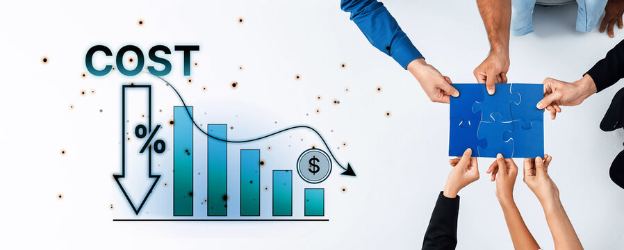 A collaborative scene showing hands assembling a puzzle while a cost reduction graph illustrates a decrease in expenses, symbolizing strategic business growth and teamwork. Trope