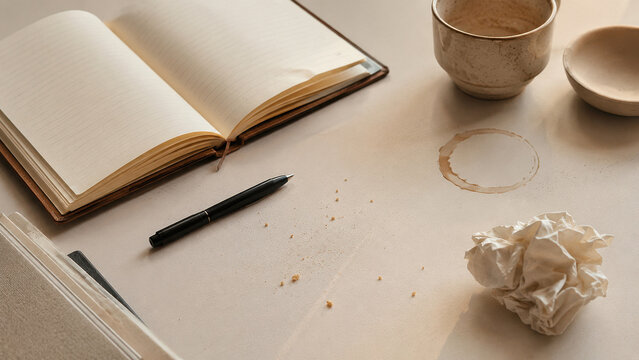 notebook with tea stain and crumpled paper, concept of writer block and unfinished ideas