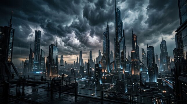 Dramatic Futuristic Cityscape Under a Stormy and Ominous Sky.