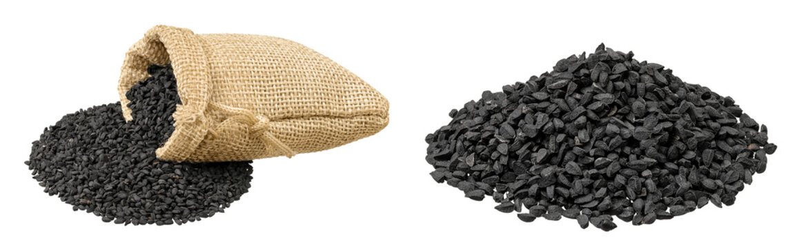 Nigella sativa or Black cumin in a bag isolated on white background