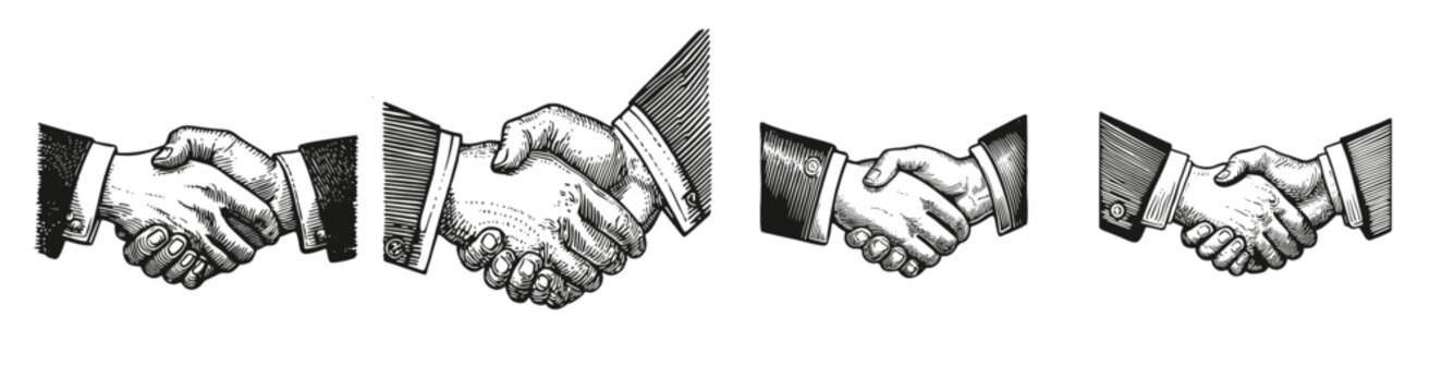 Vintage Illustration of Handshake in Various Styles, Logo Design, Hand drawing Engraving, Vector Illustration Isolated Object