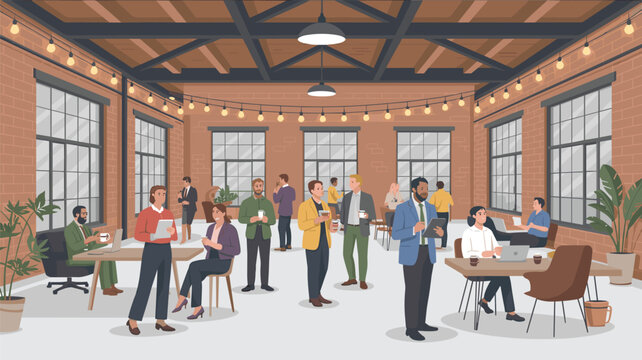 A diverse group of professional colleagues engages in collaborative work and casual conversations within a modern brick-walled open office space under warm string lighting.