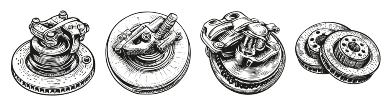 Detailed Vector Illustrations of Car Calipers and Brake Discs, vector illustration, engraving design, logo design set, black and white line, template design element