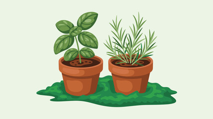 Fototapeta premium Two individual clay terracotta pots holding fragrant basil and rosemary plants placed together on a small patch of green grass against a soft neutral background.