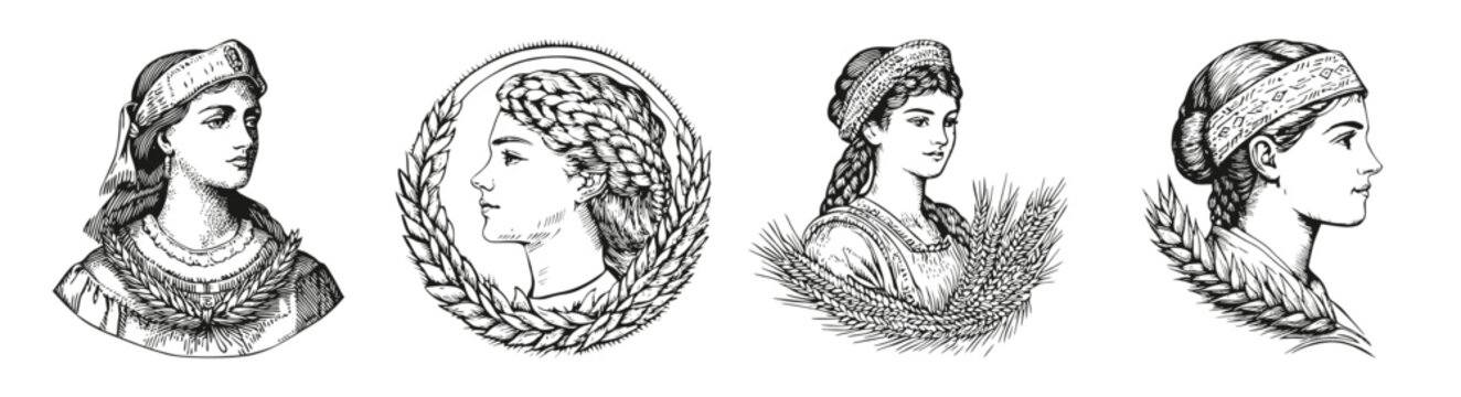 Classical Female Portraits with Laurel and Wheat Decorations, vector illustration, engraving design, logo design set, black and white line