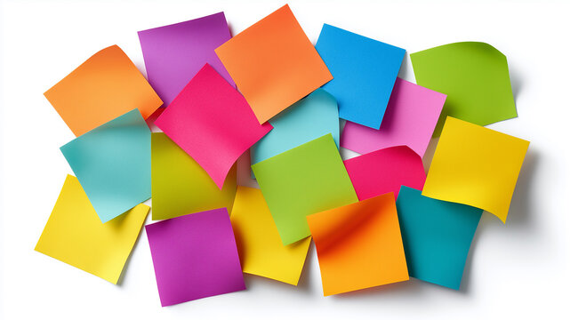 Colorful sticky notes scattered on white background. Adhesive memo paper set for office, planning and school organization. Bright stationery collection