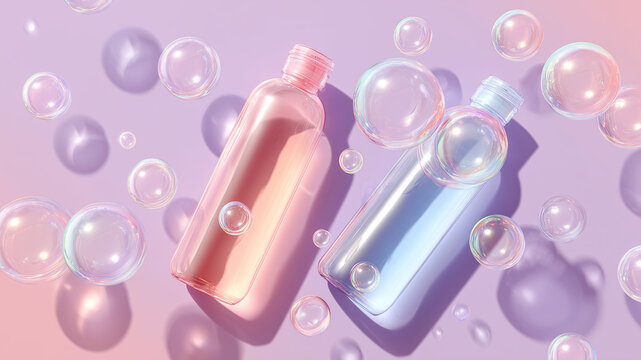 Pastel cosmetic bottles with bubbles background. Colorful skincare container mockup set for beauty branding and packaging presentation. Minimal cosmetic product composition