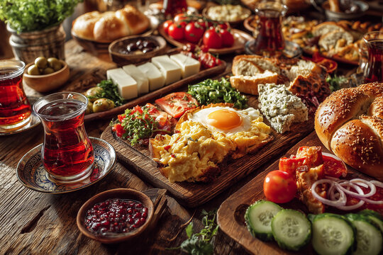 Turkish breakfast table with traditional food assortment. Cheese, olives, bread, vegetables, tea and spreads served on rustic table. Middle Eastern breakfast meal composition