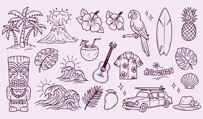 Fototapeta premium Tropical Beach Vacation Collection Palm Trees Surfboard Pineapple Summer Holiday Icons Hand Drawn Sketch Illustration Vector Set 