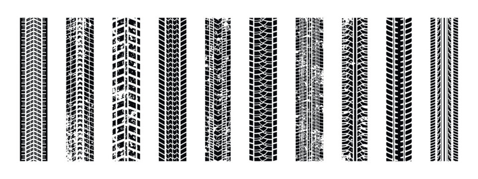 Car tire path marks vector grungy collection. Grunge tire track patterns set