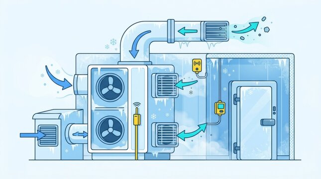 System shows how air moves in a cold storage area to maintain safe refrigeration and proper ventilation for products.
