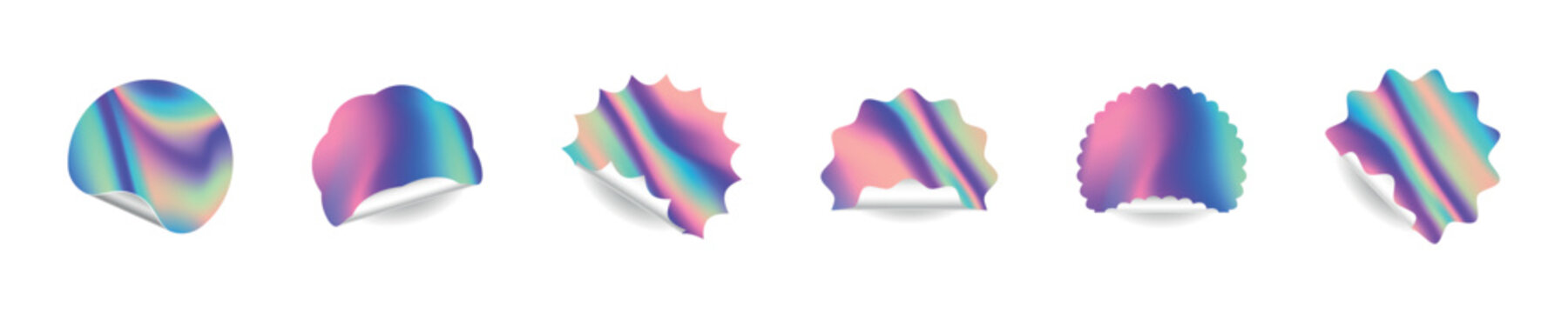 Holographic stickers with curls vector shiny set. Holographic stickers featuring curled edges