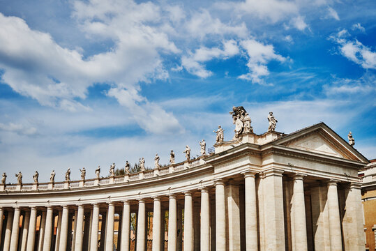 The colonnades of St. Peter's Square (17th century) in Vatican City, a prominent landmark in Rome, Italy, Europe 