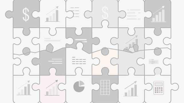 A monochromatic jigsaw puzzle pattern containing financial icons like growth charts and dollar signs sits on a clean uniform grey background with textured piece edges.