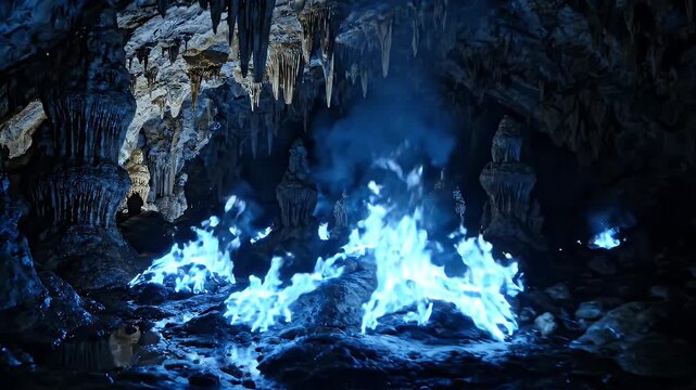 Mystical Blue Flames Burning Inside a Dark Limestone Cave with Hanging Stalactites and Mysterious Underground Cavern Atmosphere