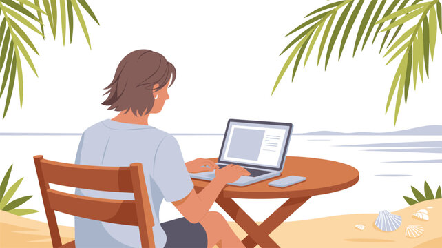 A person sits on a wooden chair at a round table on a sandy beach shore working on a laptop computer with tropical palm leaves overhead in bright daylight colors.