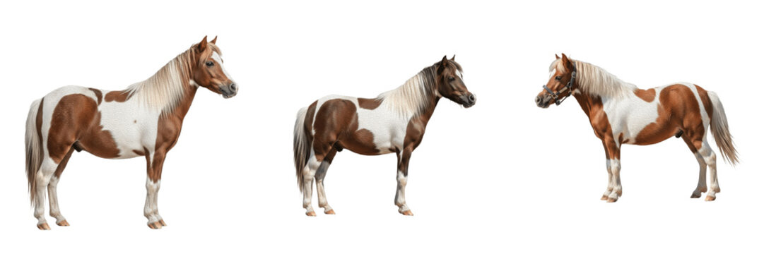 Set of Beautiful Pinto Horses Piebald Stallions Standing Domestic Equine PNG Collection
