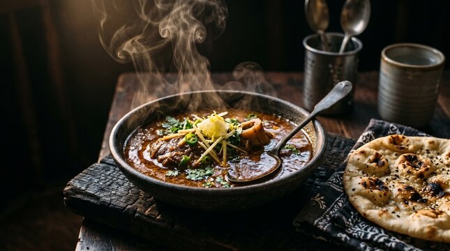 Moody Food Shot of Steaming Hot Beef Nihari Curry with Tandoori Naan