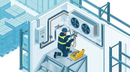 Fototapeta premium A technician works on a refrigeration unit in a cold storage warehouse, ensuring the system operates safely and efficiently.