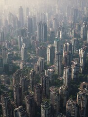 Fototapeta premium Aerial view of dense apartment blocks in an Asian megacity blending residential and commercial spaces on a hazy afternoon.