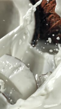 Pieces of coconut fall into the milk with splashes. Filmed on a high-speed camera at 1000 fps. High quality FullHD footage
