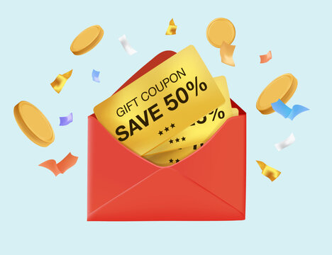 Special voucher pop up drom envelope folder design with money flying and ribbon, 3D vector illustration. Promo design