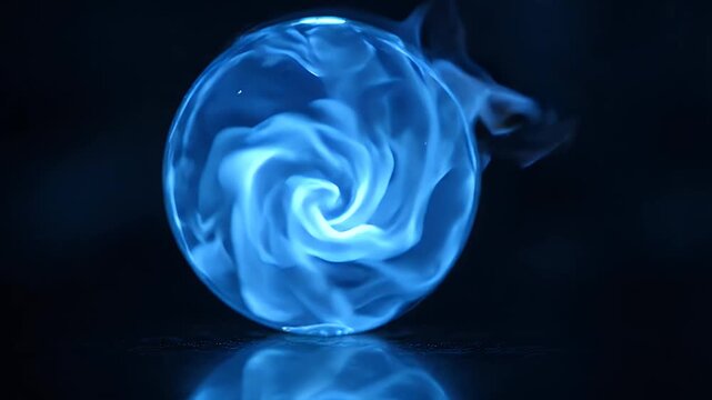 Majestic blue flames dance around a campfire, illuminating the lush green forest at night
