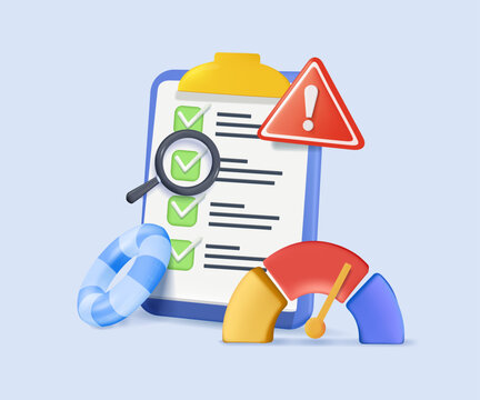 Risk assessment, management 3D vector illustration. Identifying hazards, financial safeguarding, planning mitigation strategies. Ensuring project security. Analyst with checklist and solving problems