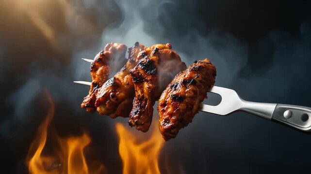 Flaming grilled chicken wings skewered over an open fire, captured with dramatic smoke and intense barbecue atmosphere against a dark background.