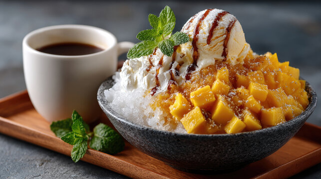 Mango bingsu kakigori, a popular summer treat, presents a vibrant combination of fluffy shaved ice, sweet mango pieces, creamy toppings, and a hint of fresh mint for a delightful cool sensation