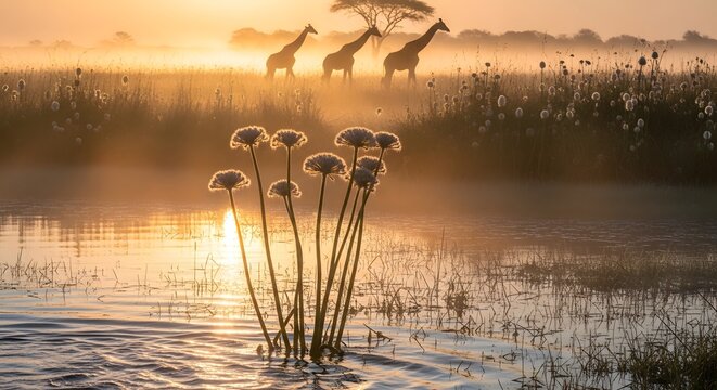 Wildflowers in frost at sunrise over misty wetland with silhouetted giraffes in background