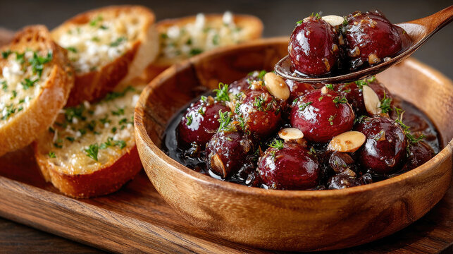 Pickled grapes with almonds and fresh herbs creating a gourmet appetizer, scooping fruity and savory relish in a wooden bowl accompanied by crispy garlic bread