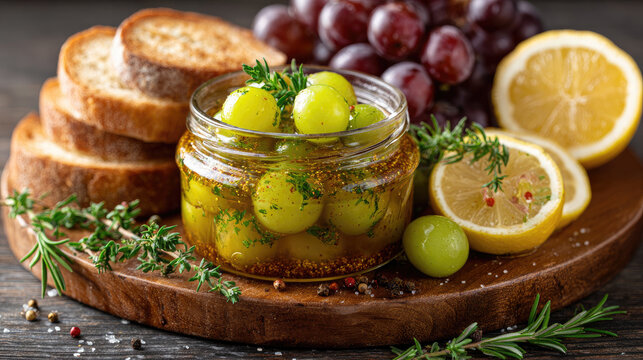 Pickled green grapes in a glass jar, soaking in a flavorful vinegar brine with fresh herbs and spices, prepared as a gourmet appetizer for a holiday cheese board