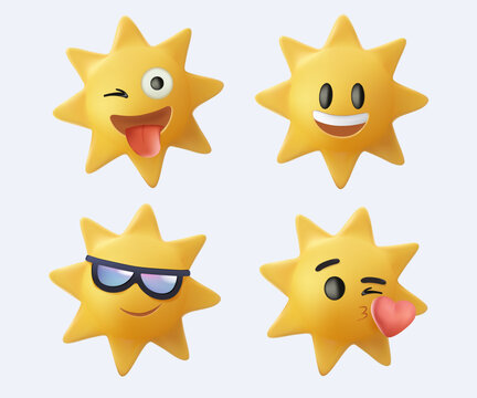 Vector collection of cute cartoon sun characters 3D style. Summertime, hot weather, playful weather emoji set for kids