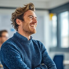 Naklejka premium Male office worker laughing candidly in open workspace with natural lighting
