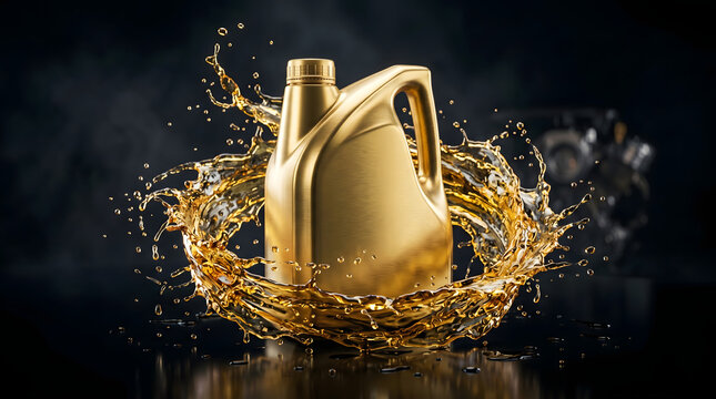golden motor oil canister with splash liquid