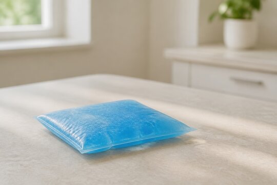 Cooling gel pack sitting on a table in a bright room with natural light coming through a window