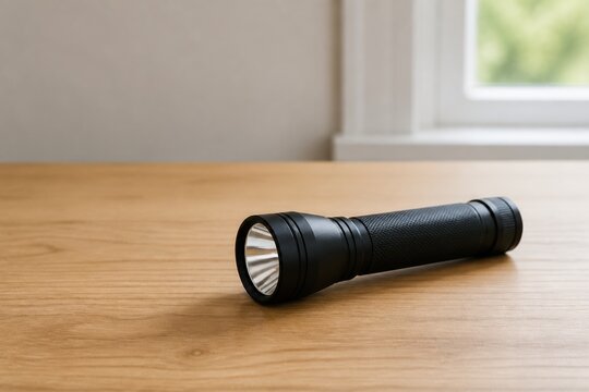 Black flashlight placed on wooden table near window with light shining in background during daytime