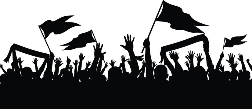 Cheering crowd silhouette with people waving flags and raising hands during sports match or concert event