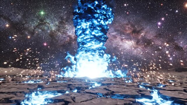 Dynamic blue energy explosion erupting from a fractured extraterrestrial surface beneath a majestic starry galaxy, illustrating a powerful cosmic phenomenon with brilliant light