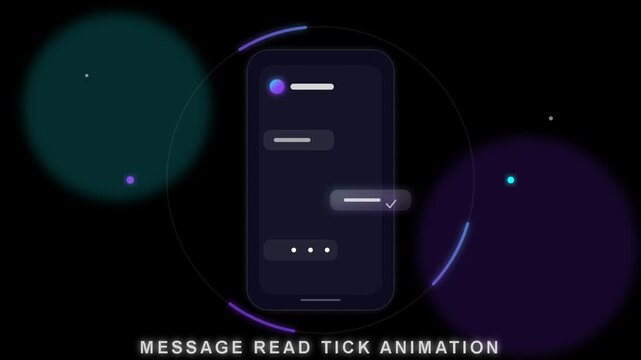 Futuristic smartphone message read tick animation on dark background. Neon sci-fi mobile chat interface mockup with double checkmarks and rotating hud circles loop.