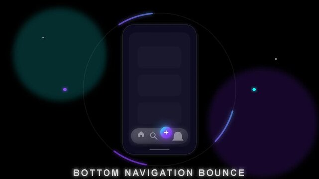 Futuristic smartphone bottom navigation bounce animation on dark background. Neon sci-fi mobile menu bar interface mockup with dynamic plus icon button click loop.