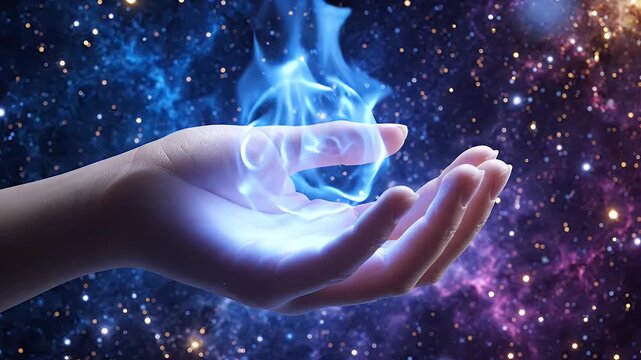 Magic blue flame hovering over hand in cosmic galaxy space background