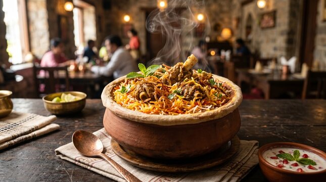 Steaming Hot Hyderabadi Mutton Biryani in Traditional Clay Pot