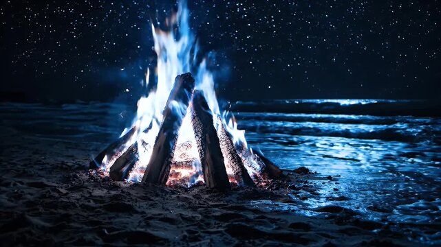 Captivating bonfire with blue flames lights up a serene night beach, stars twinkling above the ocean waves, reflecting a magical and peaceful outdoor ambiance